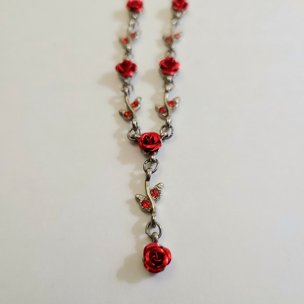 Silver & Red Rose Necklace